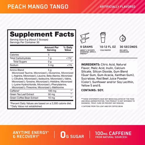 Optimum Nutrition ESSENTIAL AMIN.O. ENERGY® *new* Peach Mango Tango - Notify Me 0.6 lb - Notify me | 4630FKPJU