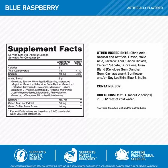 Optimum Nutrition ESSENTIAL AMIN.O. ENERGY® Blue Raspberry 0.6 lb (30 Servings) | 2054AEPXZ