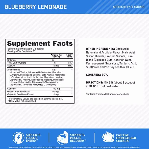 Optimum Nutrition ESSENTIAL AMIN.O. ENERGY® Blueberry Lemonade 0.6 lb (30 Servings) | 5218ABGDR