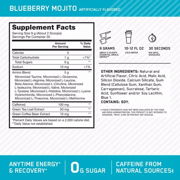 Optimum Nutrition ESSENTIAL AMIN.O. ENERGY® Blueberry Mojito 0.6 lb (30 Servings) | 1854PADYC