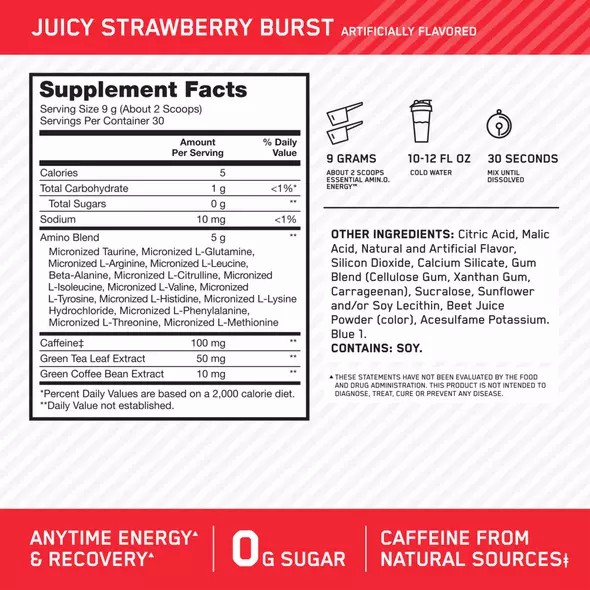 Optimum Nutrition ESSENTIAL AMIN.O. ENERGY® Juicy Strawberry - Notify Me 0.6 lb - Notify me | 1936SRFBO