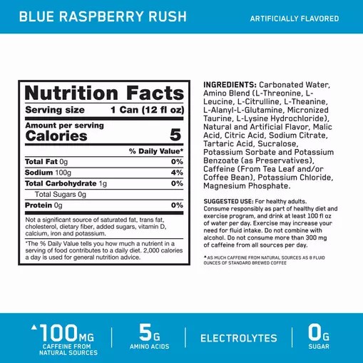 Optimum Nutrition ESSENTIAL AMIN.O. ENERGY+ Electrolytes Sparkling *new* Blue Raspberry Rush 355ml * 12 Cans (12 Servings) | 0671JNWVO