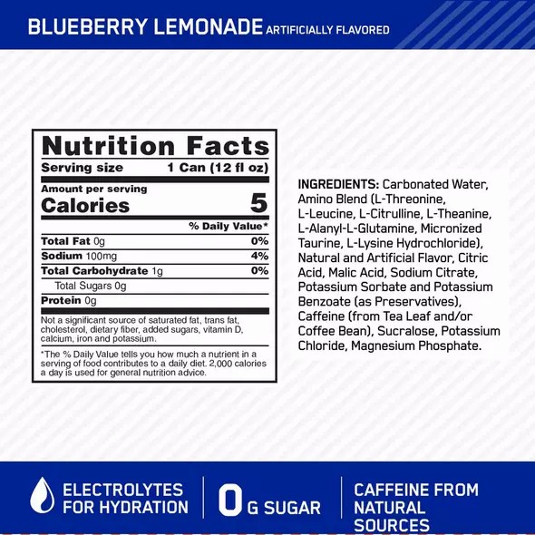 Optimum Nutrition ESSENTIAL AMIN.O. ENERGY+ Electrolytes Sparkling Blueberry Lemonade 355ml * 12 Cans (12 Servings) | 9057KLJBV