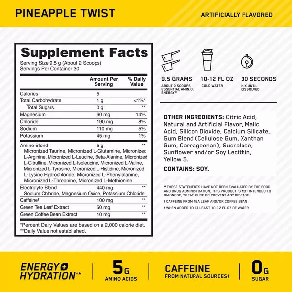 Optimum Nutrition Essential AMIN.O. ENERGY + Electrolytes Pineapple Twist 0.63 lb (30 Servings) | 7246QDPNA