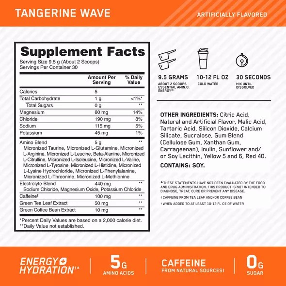 Optimum Nutrition Essential AMIN.O. ENERGY + Electrolytes Tangerine Wave 0.63 lb (30 Servings) | 7480BNWPZ