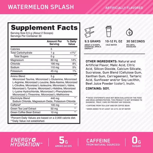 Optimum Nutrition Essential AMIN.O. ENERGY + Electrolytes Watermelon Splash 0.63 lb (30 Servings) | 1659TGXVU