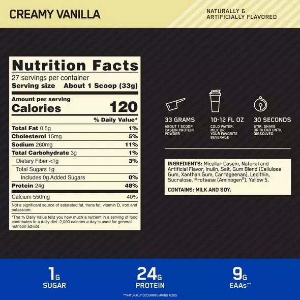 Optimum Nutrition GOLD STANDARD® 100% Casein Creamy Vanilla 2 lb (25 Servings) | 3178FZWCU