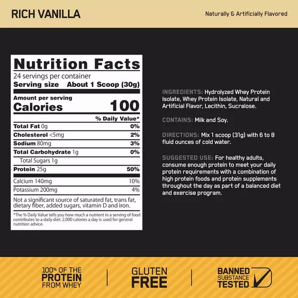 Optimum Nutrition GOLD STANDARD® 100% Isolate Rich Vanilla 2.91 lb (44 Servings) | 8093RLBXY