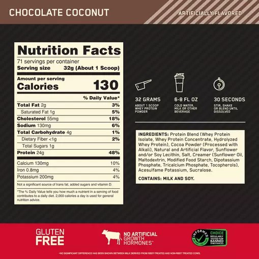 Optimum Nutrition GOLD STANDARD 100% WHEY™ Chocolate Coconut 5 lb (71 Servings) | 4318NVJHF