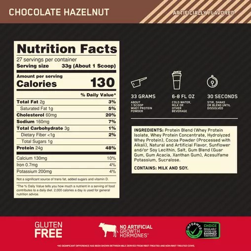 Optimum Nutrition GOLD STANDARD 100% WHEY™ Chocolate Hazelnut 2 lb (27 Servings) | 4712OIDKB