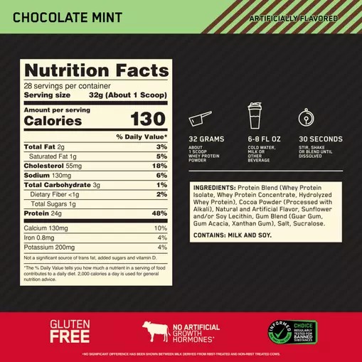 Optimum Nutrition GOLD STANDARD 100% WHEY™ Chocolate Mint 2 lb (28 Servings) | 1625QBJOH