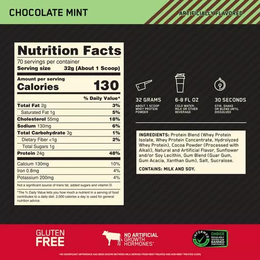 Optimum Nutrition GOLD STANDARD 100% WHEY™ Chocolate Mint 5 lb (70 Servings) | 2154NJOLI