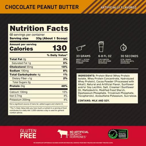 Optimum Nutrition GOLD STANDARD 100% WHEY™ Chocolate Peanut Butter 1.5 lb (22 Servings) | 2137JDOQC