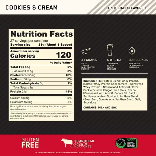 Optimum Nutrition GOLD STANDARD 100% WHEY™ Cookies & Cream 2 lb (27 Servings) | 9476MTLYH