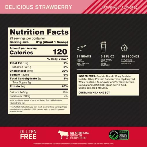 Optimum Nutrition GOLD STANDARD 100% WHEY™ Delicious Strawberry 2 lb (29 Servings) | 2698SJBAR