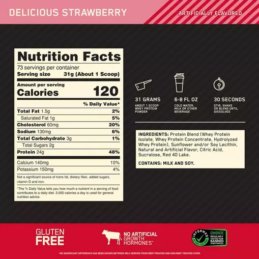 Optimum Nutrition GOLD STANDARD 100% WHEY™ Delicious Strawberry 5 lb (73 Servings) | 7549JRMLX