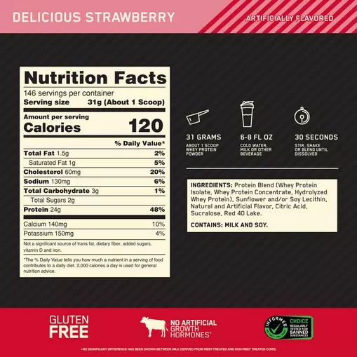 Optimum Nutrition GOLD STANDARD 100% WHEY™ Delicious Strawberry 10 lb (146 Servings) | 1592SXFTY