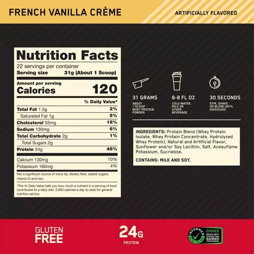 Optimum Nutrition GOLD STANDARD 100% WHEY™ French Vanilla Creme 1.5 lb (22 Servings) | 1290MLNBJ