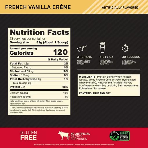 Optimum Nutrition GOLD STANDARD 100% WHEY™ French Vanilla Creme 5 lb (73 Servings) | 4251XFUZQ