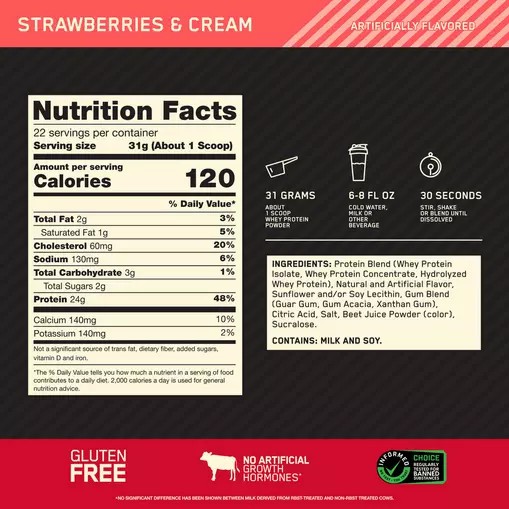 Optimum Nutrition GOLD STANDARD 100% WHEY™ Strawberries & Cream 1.5 lb (22 Servings) | 3987RZQLE