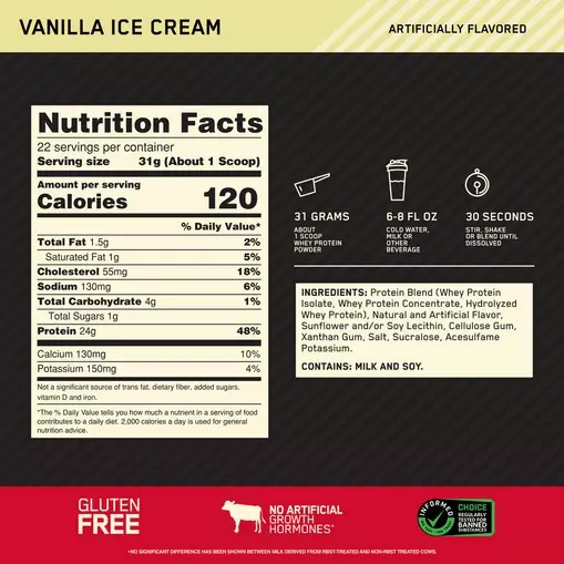 Optimum Nutrition GOLD STANDARD 100% WHEY™ Vanilla Ice Cream 1.5 lb (22 Servings) | 2460HCSXI