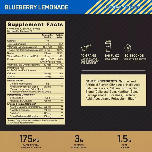 Optimum Nutrition GOLD STANDARD® Pre-Workout Blueberry Lemonade 0.66 lb (30 Servings) | 1049UBGOD