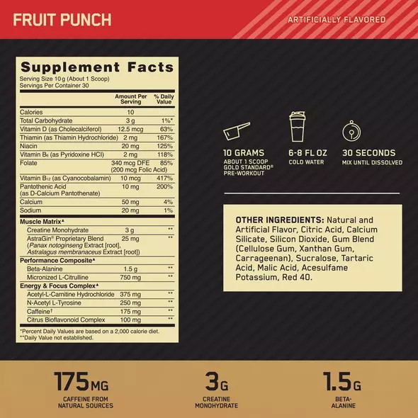 Optimum Nutrition GOLD STANDARD® Pre-Workout Fruit Punch 0.66 lb (30 Servings) | 2056LGBUC