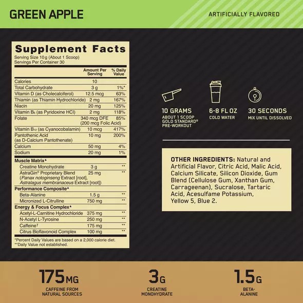 Optimum Nutrition GOLD STANDARD® Pre-Workout Green Apple 0.66 lb (30 Servings) | 0428DQWGR