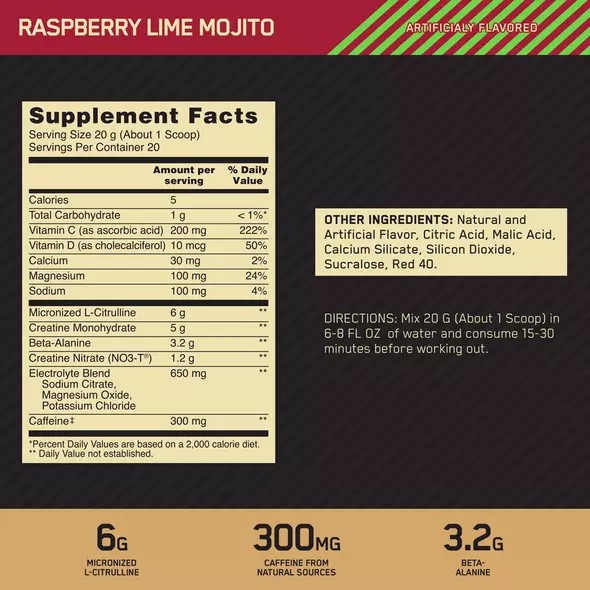 Optimum Nutrition GOLD STANDARD® Pre Advanced Raspberry Lime Mojito 0.88 lb (20 Servings) | 3879QZEIU