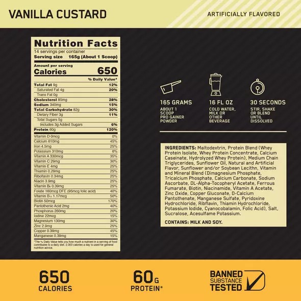 Optimum Nutrition GOLD STANDARD® Pro Gainer Vanilla Custard 5.09 lb (14 Servings) | 5738JUOKZ