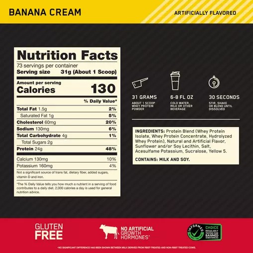 Optimum Nutrition Gold Standard 100% Whey Protein Powder Banana Cream 900 grams (30 Servings) | 4173PFWVJ