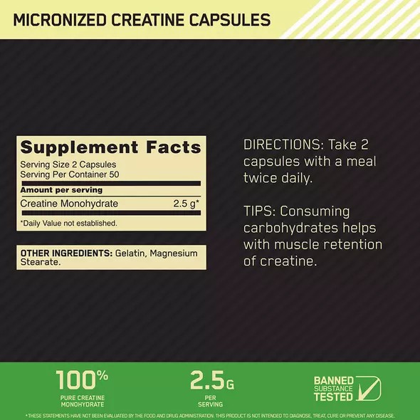 Optimum Nutrition Micronized Creatine Capsules 100 Capsules (50 Servings) | 5317FWXKT