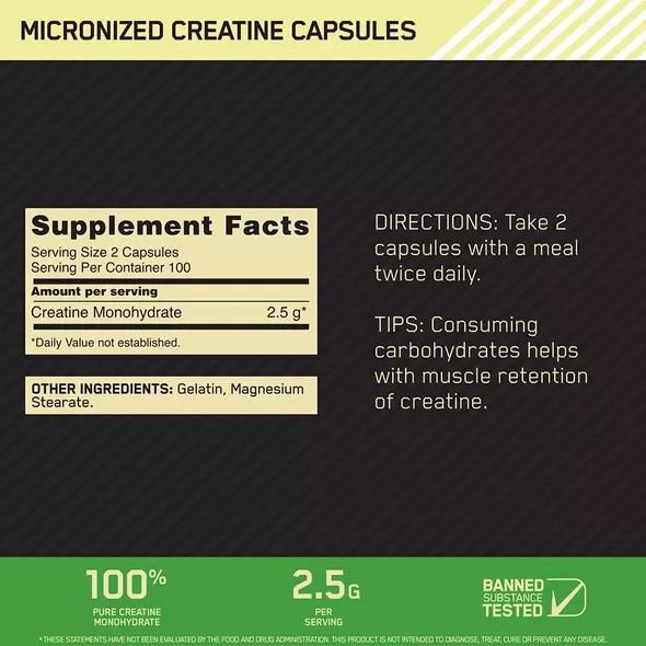 Optimum Nutrition Micronized Creatine Capsules 200 Capsules (100 Servings) | 1723WPHLC