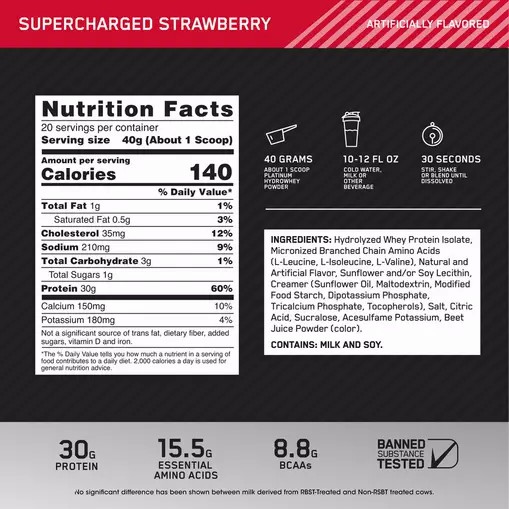 Optimum Nutrition PLATINUM HYDROWHEY™ Supercharged Strawberry 1.76 lb (20 Servings) | 6731OFHDG