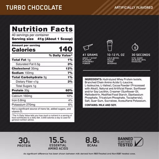 Optimum Nutrition PLATINUM HYDROWHEY™ Turbo Chocolate 3.61 lb (40 Servings) | 3152JWZBY