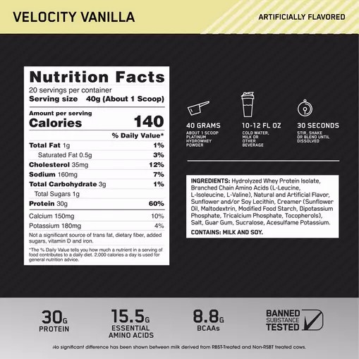 Optimum Nutrition PLATINUM HYDROWHEY™ Velocity Vanilla 1.76 lb (20 Servings) | 3981DZTQS