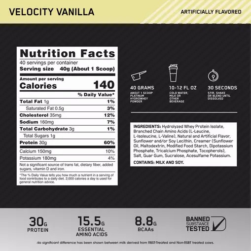 Optimum Nutrition PLATINUM HYDROWHEY™ Velocity Vanilla 3.52 lb (40 Servings) | 2386GYLAQ