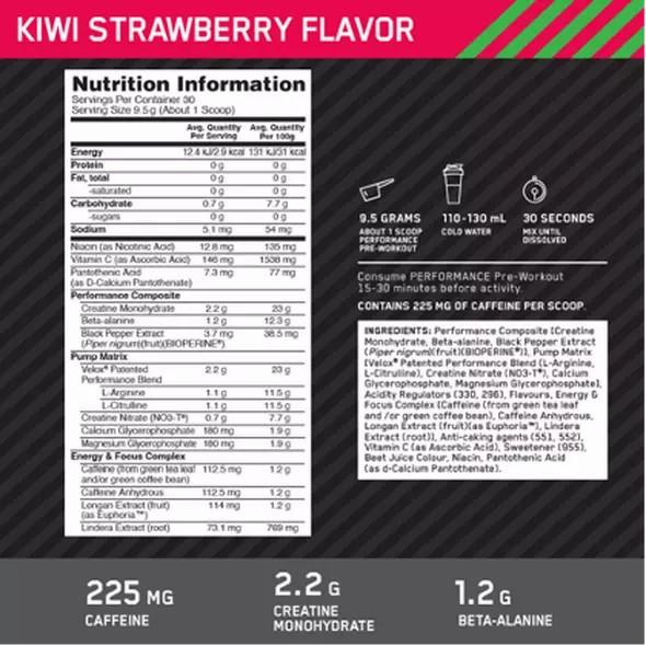 Optimum Nutrition Performance Pre-Workout Kiwi Strawberry 285g | 5864WZKHJ