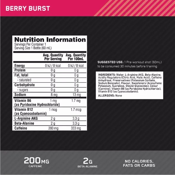 Optimum Nutrition Pure Pre 200 Pre-Workout Shot Berry 60ml (12 shots) | 1456BGAJM