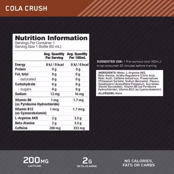 Optimum Nutrition Pure Pre 200 Pre-Workout Shot Cola 60ml (12 shots) | 9281MNQVS