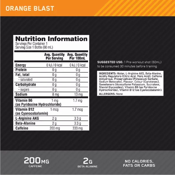 Optimum Nutrition Pure Pre 200 Pre-Workout Shot Orange 60ml (12 shots) | 7961LHRWI