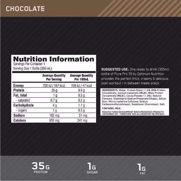 Optimum Nutrition Pure Pro 35 Chocolate 355ml (6 bottles) | 2453SFEDA