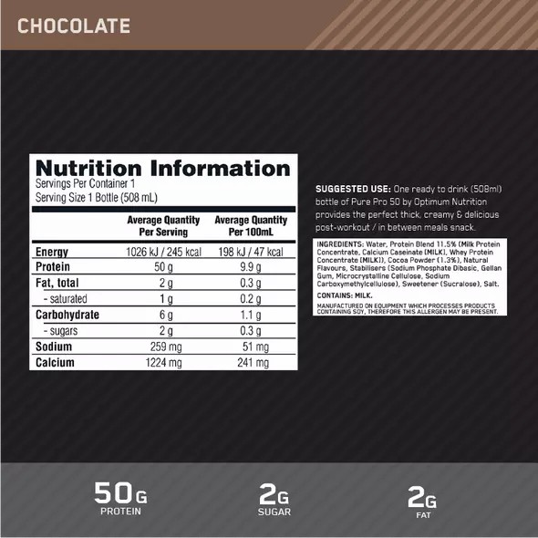 Optimum Nutrition Pure Pro 50 Chocolate 508ml (12 bottles) | 6185HQOBV