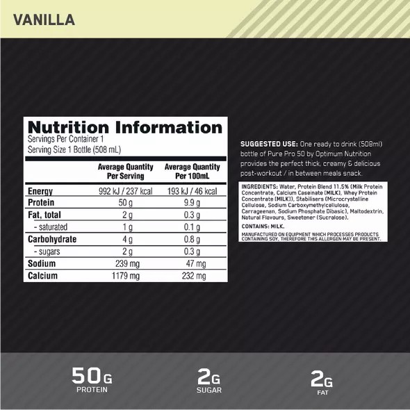 Optimum Nutrition Pure Pro 50 Vanilla 508ml (12 bottles) | 0284CQUMA